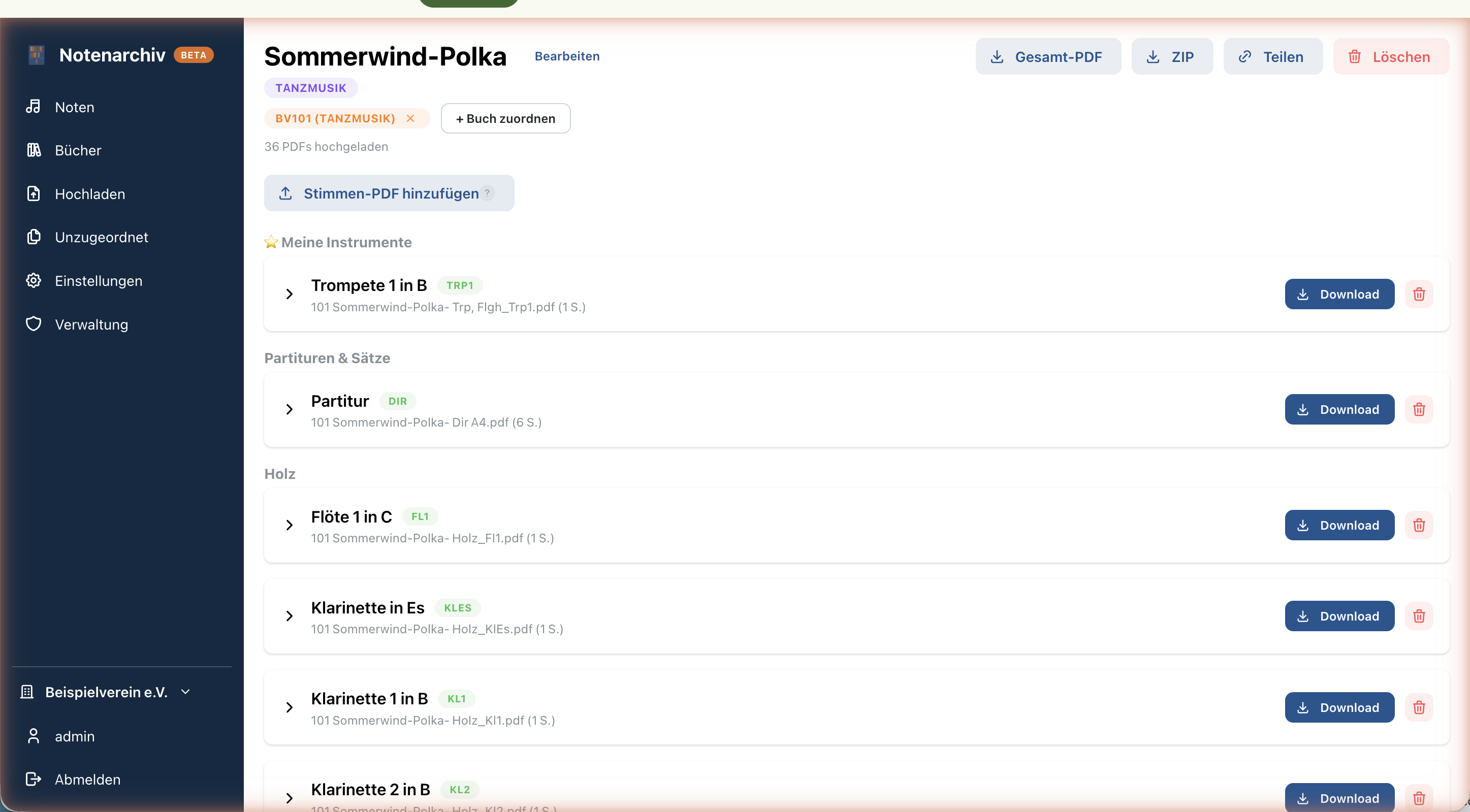Notendetail mit Stimmen und Downloads