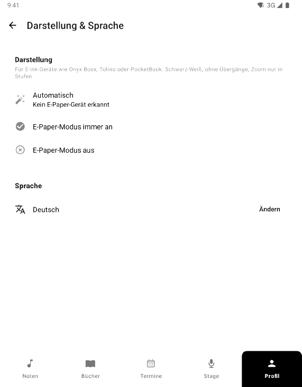 Einstellung Darstellung mit den Optionen Automatisch, E-Paper-Modus immer an und aus