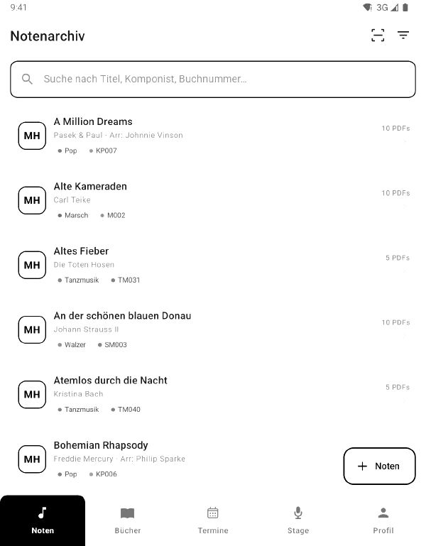 Notenliste der App im E-Paper-Modus: Rahmen statt Schatten, keine Farben