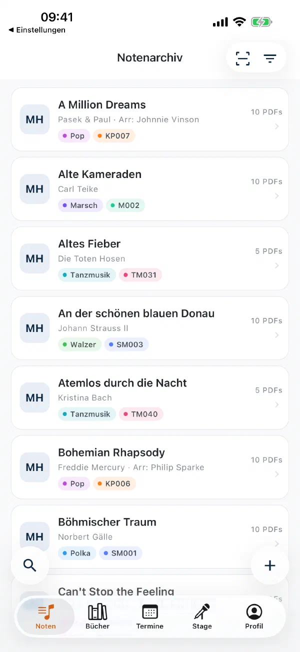 Notenliste in der App mit Scan-Knopf und Tab-Leiste