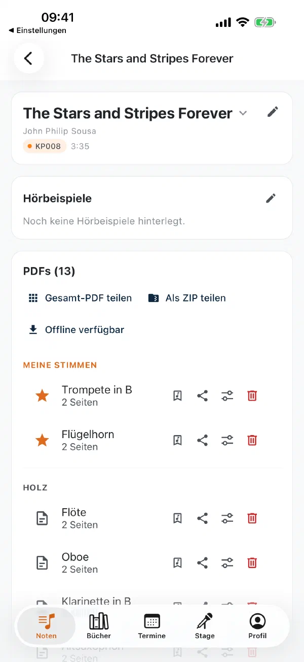 Notendetail in der App mit den eigenen Stimmen oben