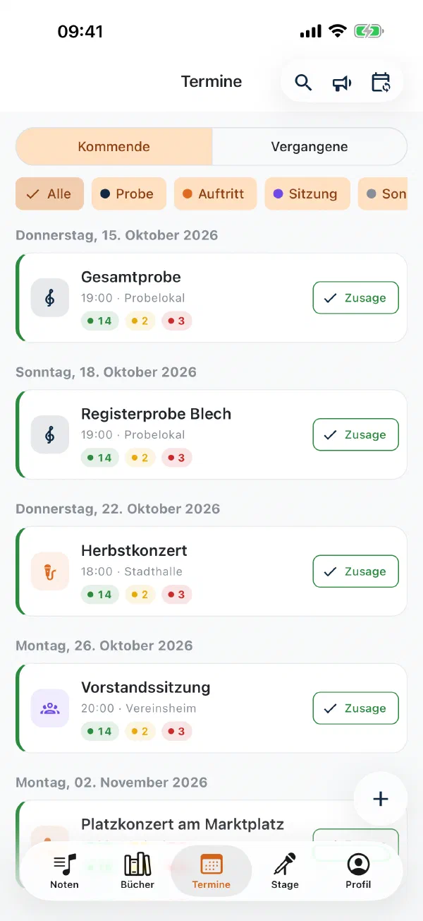Terminliste in der Notenarchiv-App mit Proben und Auftritten und farbigen Zählern für Zu- und Absagen