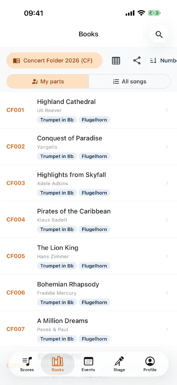 Book list in the app with book numbers and parts