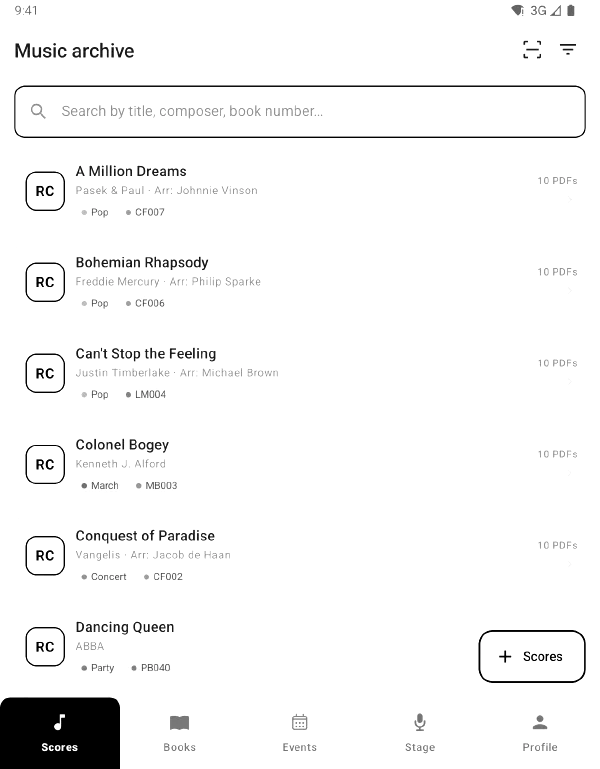 The app's music list in e-paper mode: borders instead of shadows, no colours