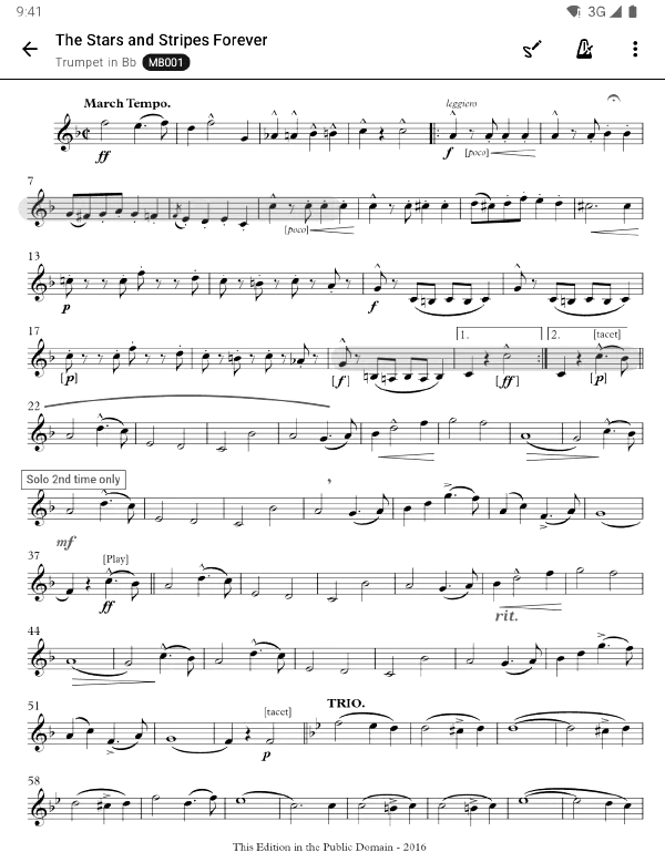 Sheet music in e-paper mode on an e-reader: pure black and white, markings in grey