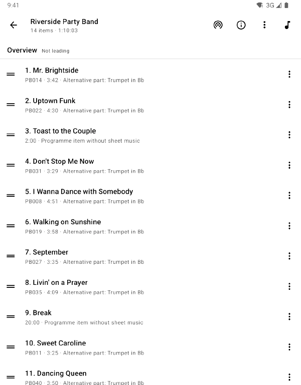 Set list in Stage Mode on an e-reader