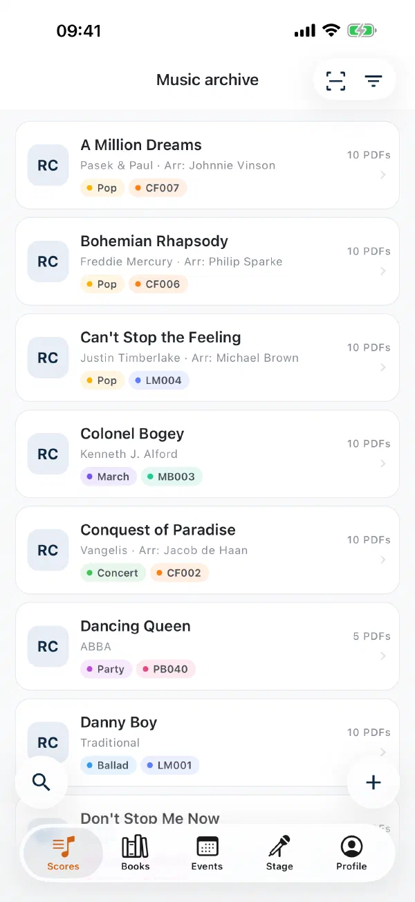 Score list in the app with scan button and tab bar