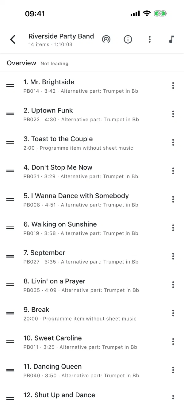 Set list in Stage Mode with book numbers and placeholders