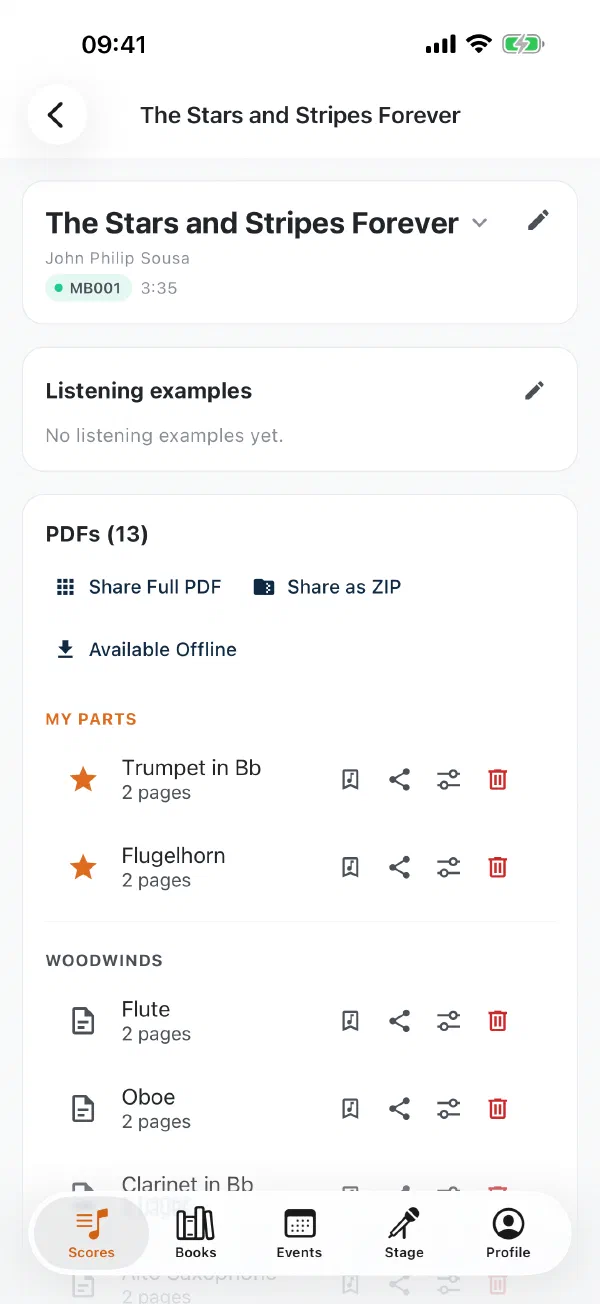 Score detail in the app with your own parts at the top
