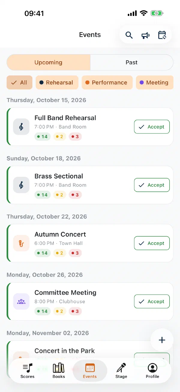 Event list in the Notenarchiv app with rehearsals and performances and coloured counters for yes and no replies
