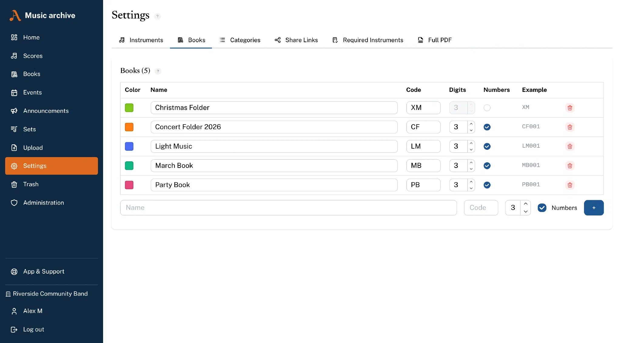 Settings: books with code, digits and numbering that can be switched off