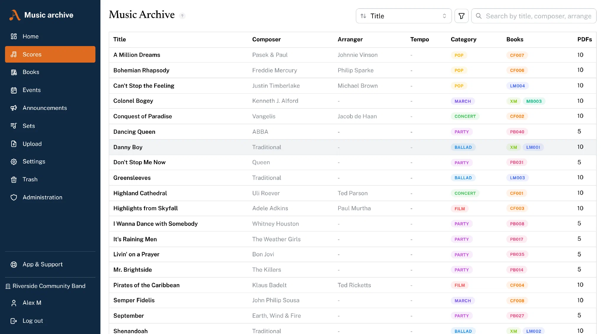 Sheet music overview with search, categories and book numbers