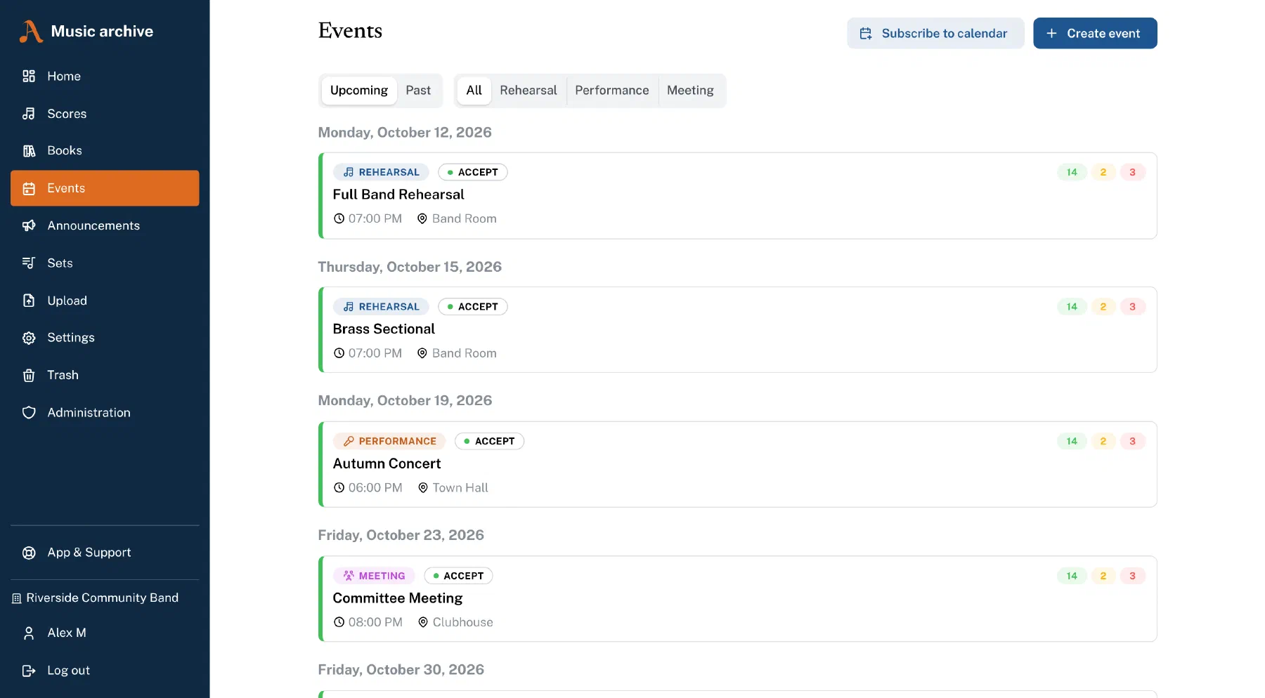 Event list in the browser with event type, your own reply and counters for yes, no and open