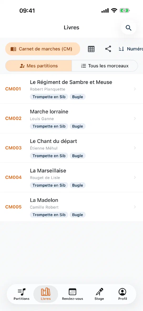 Liste des livres dans l’application avec numéros et voix