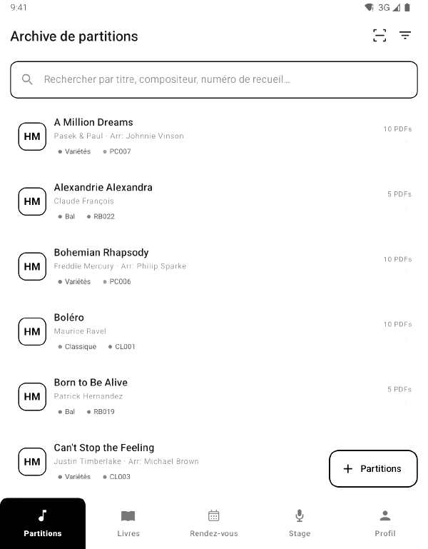 Liste des partitions de l'application en mode e-paper : des cadres au lieu des ombres, sans couleurs