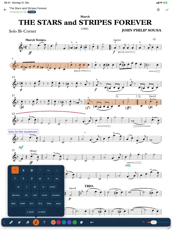 Partition avec annotations et palette de symboles dans l'application