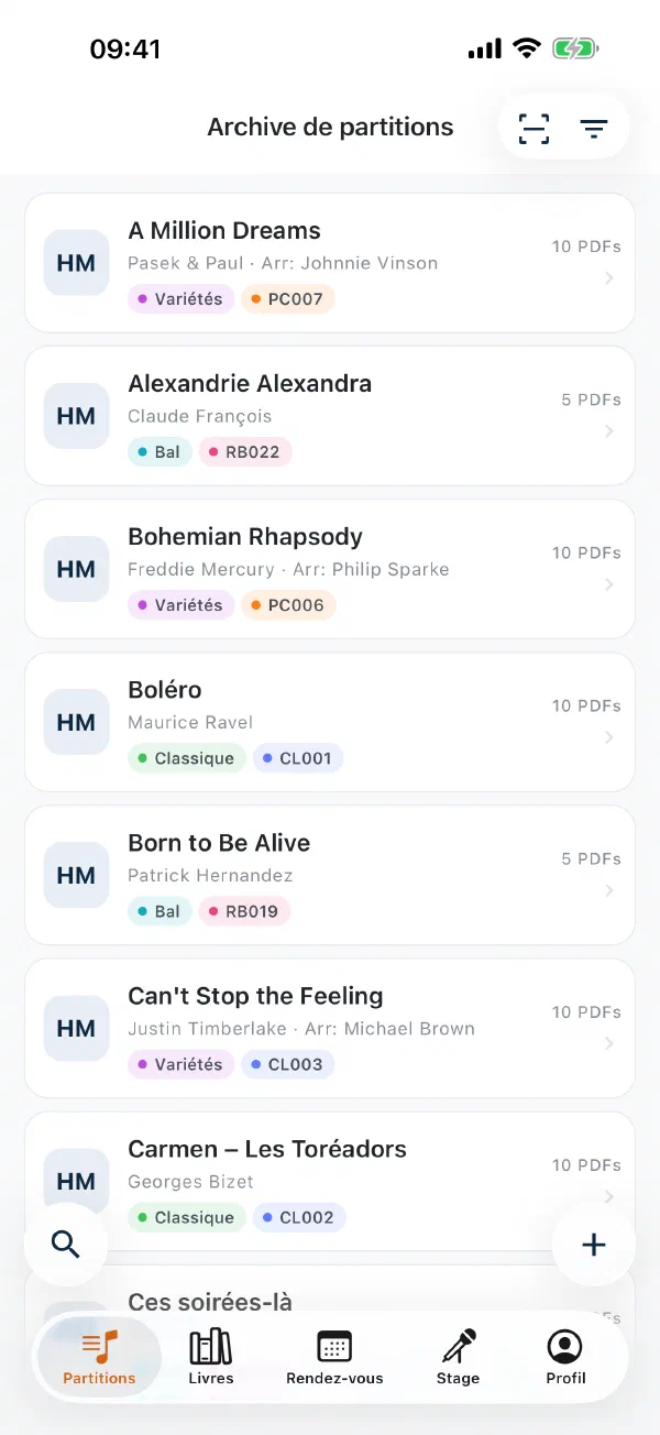 Liste des partitions dans l’application avec bouton de scan et barre d’onglets