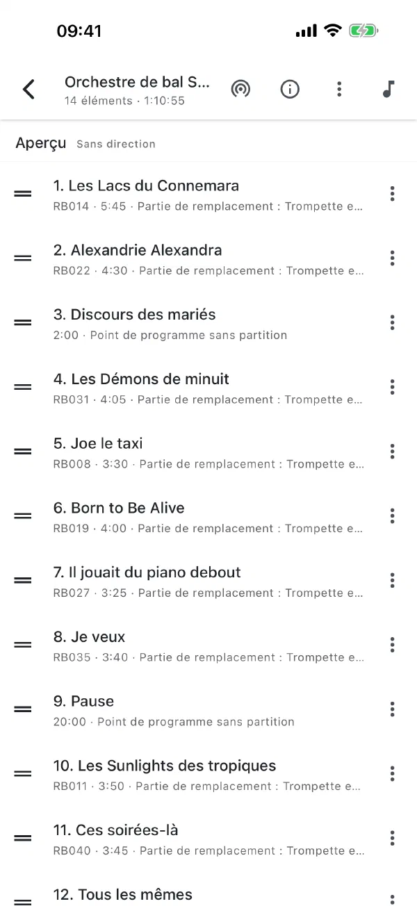 Programme en Stage Mode avec numéros de recueil et repères