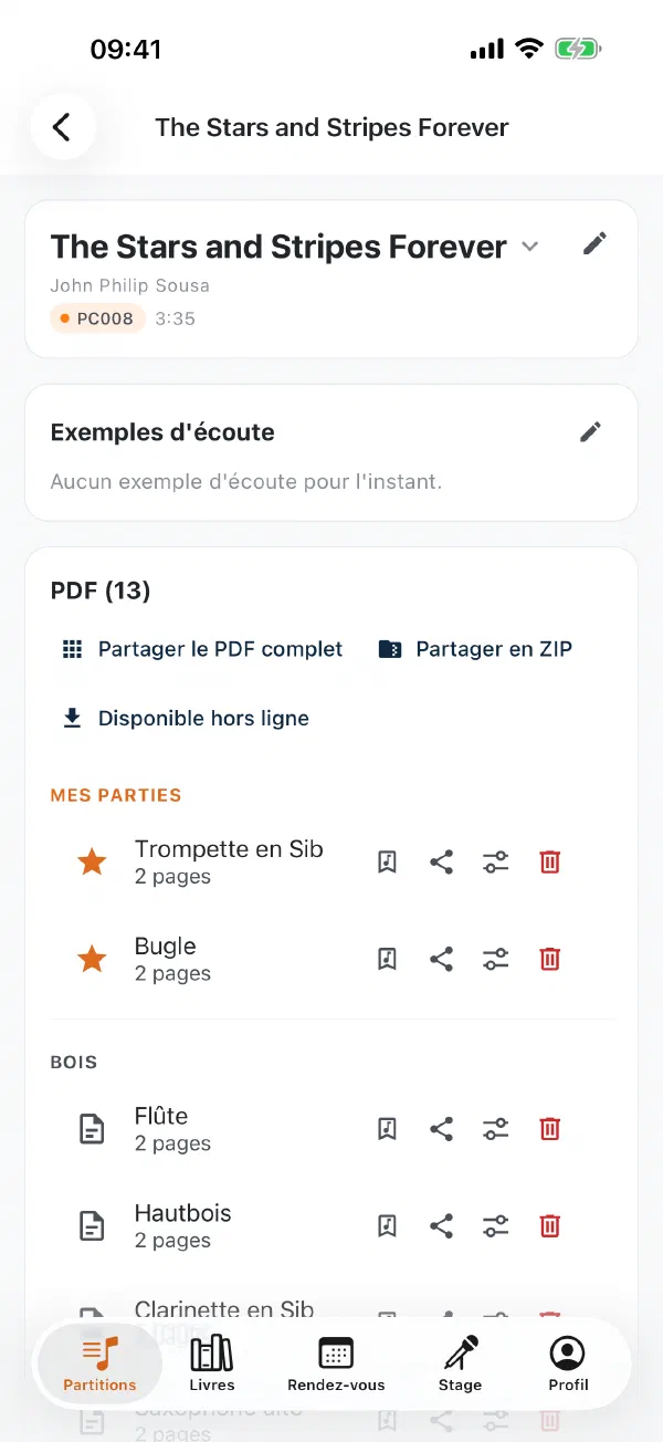 Détail d’un morceau dans l’application, tes propres voix en haut