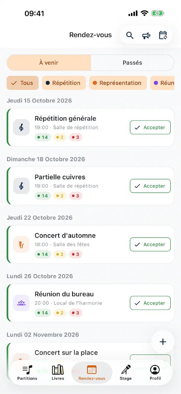 Liste des dates dans l'application Notenarchiv avec répétitions et concerts et des compteurs colorés pour les oui et les non