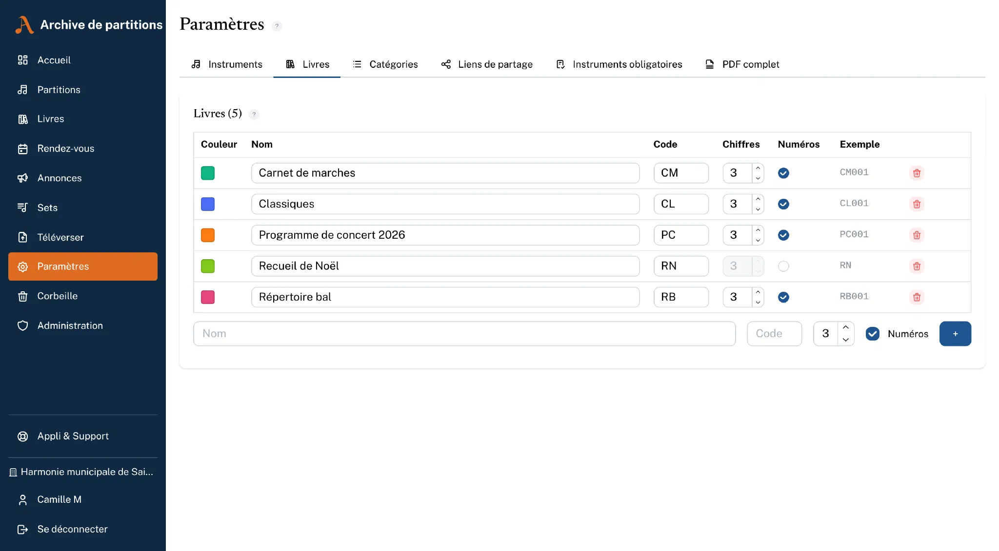 Réglages : livres avec sigle, nombre de chiffres et numérotation désactivable