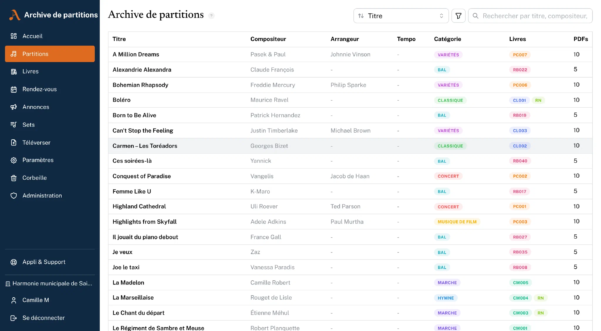 Vue d'ensemble des partitions avec recherche, catégories et numéros de recueil