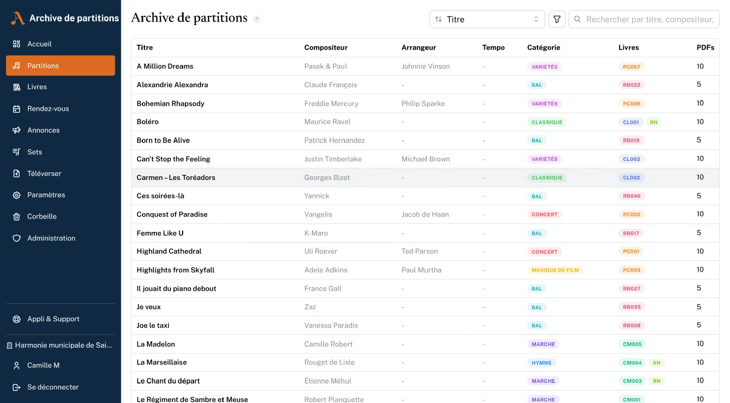 Vue d'ensemble des partitions avec recherche et catégories