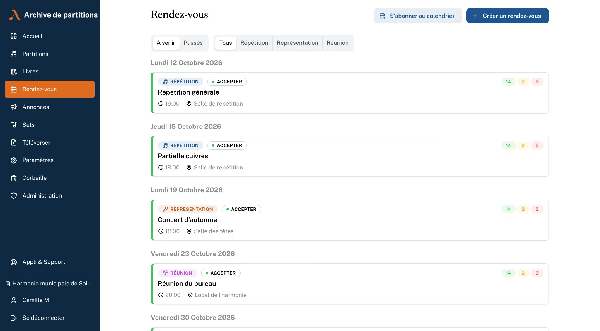 Liste des dates dans le navigateur avec le type, sa propre réponse et les compteurs