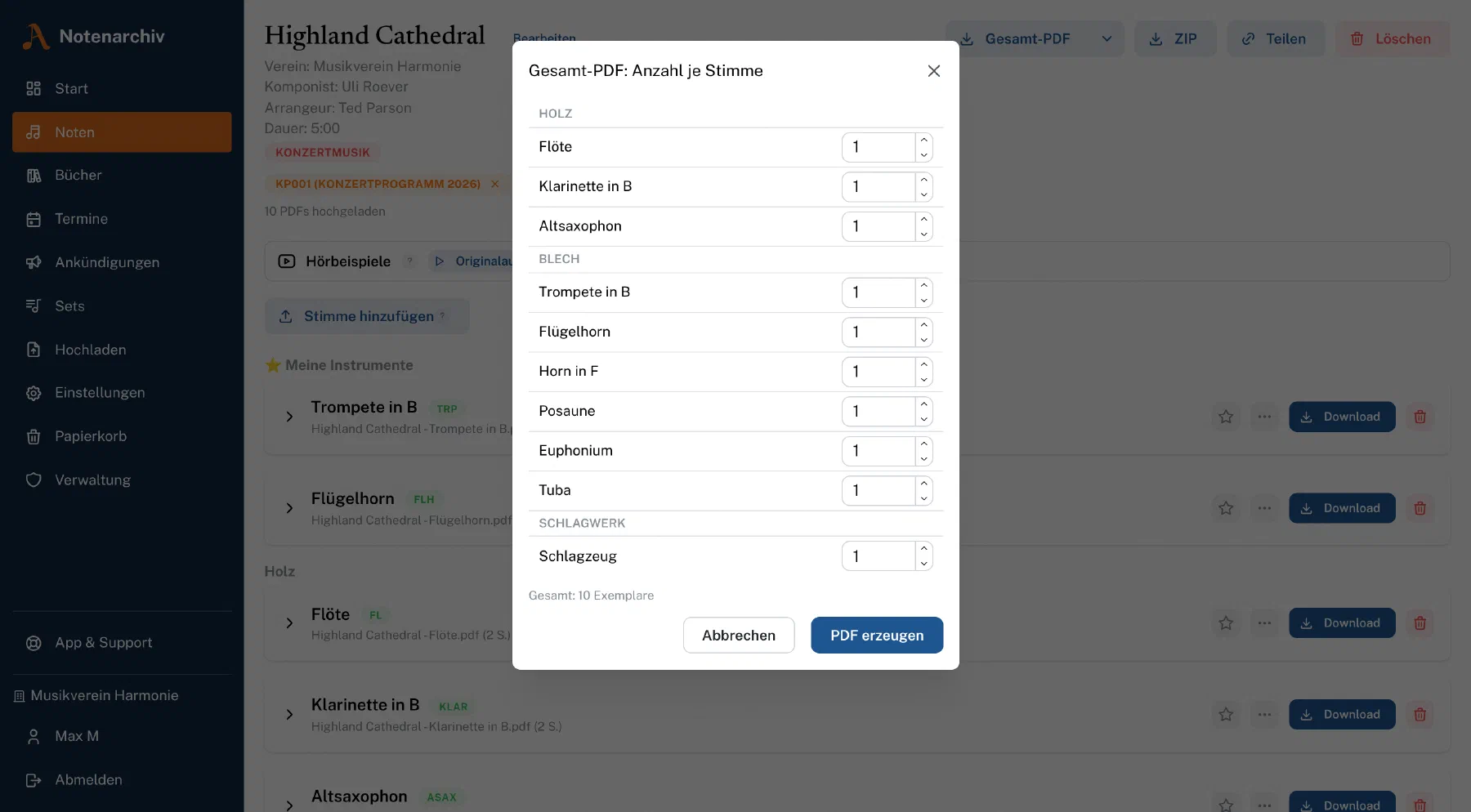 Dialog „Gesamt-PDF: Anzahl je Stimme“ mit einer Zahl je Instrument, gruppiert nach Holz, Blech und Schlagwerk