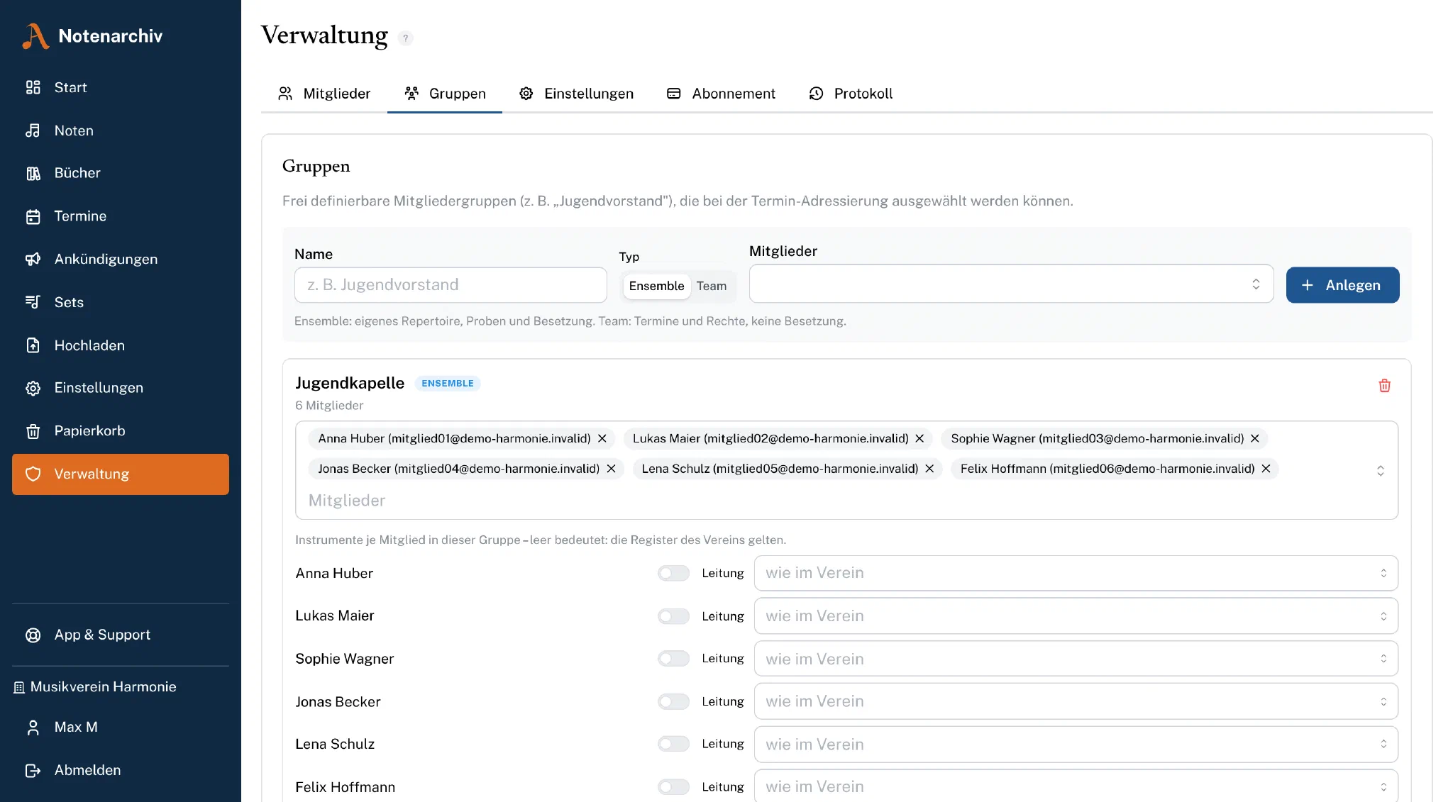 Verwaltung: Gruppen des Vereins mit Mitgliedern