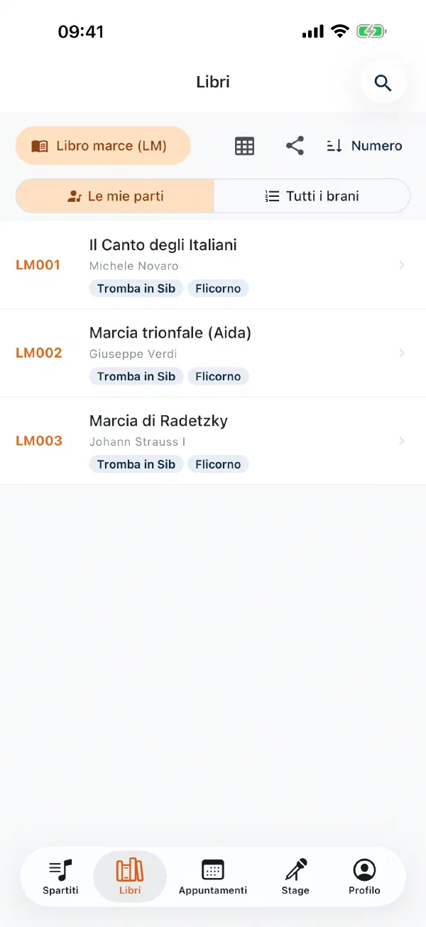 Elenco dei libri nell’app con numeri e parti