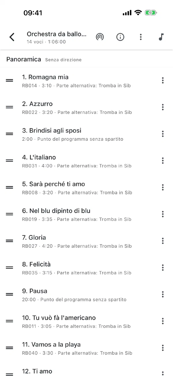 Scaletta nello Stage Mode con numeri di libro e segnaposto