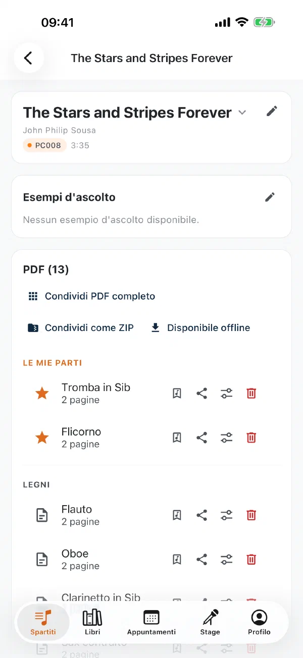 Dettaglio del brano nell’app con le tue parti in alto