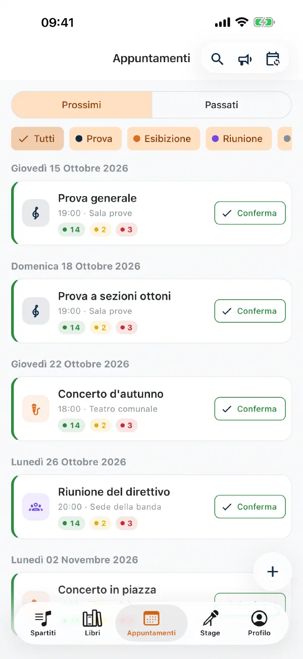Elenco degli appuntamenti nell'app Notenarchiv con prove e concerti e contatori colorati per i sì e i no