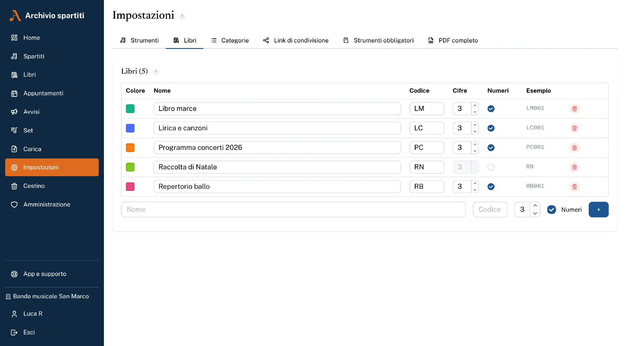 Impostazioni: libri con sigla, cifre e numerazione disattivabile