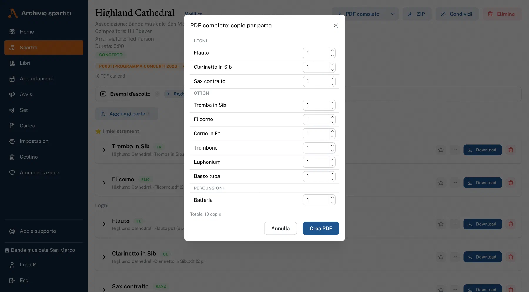 La finestra “PDF completo: copie per parte” con un numero per ogni strumento, raggruppati in legni, ottoni e percussioni