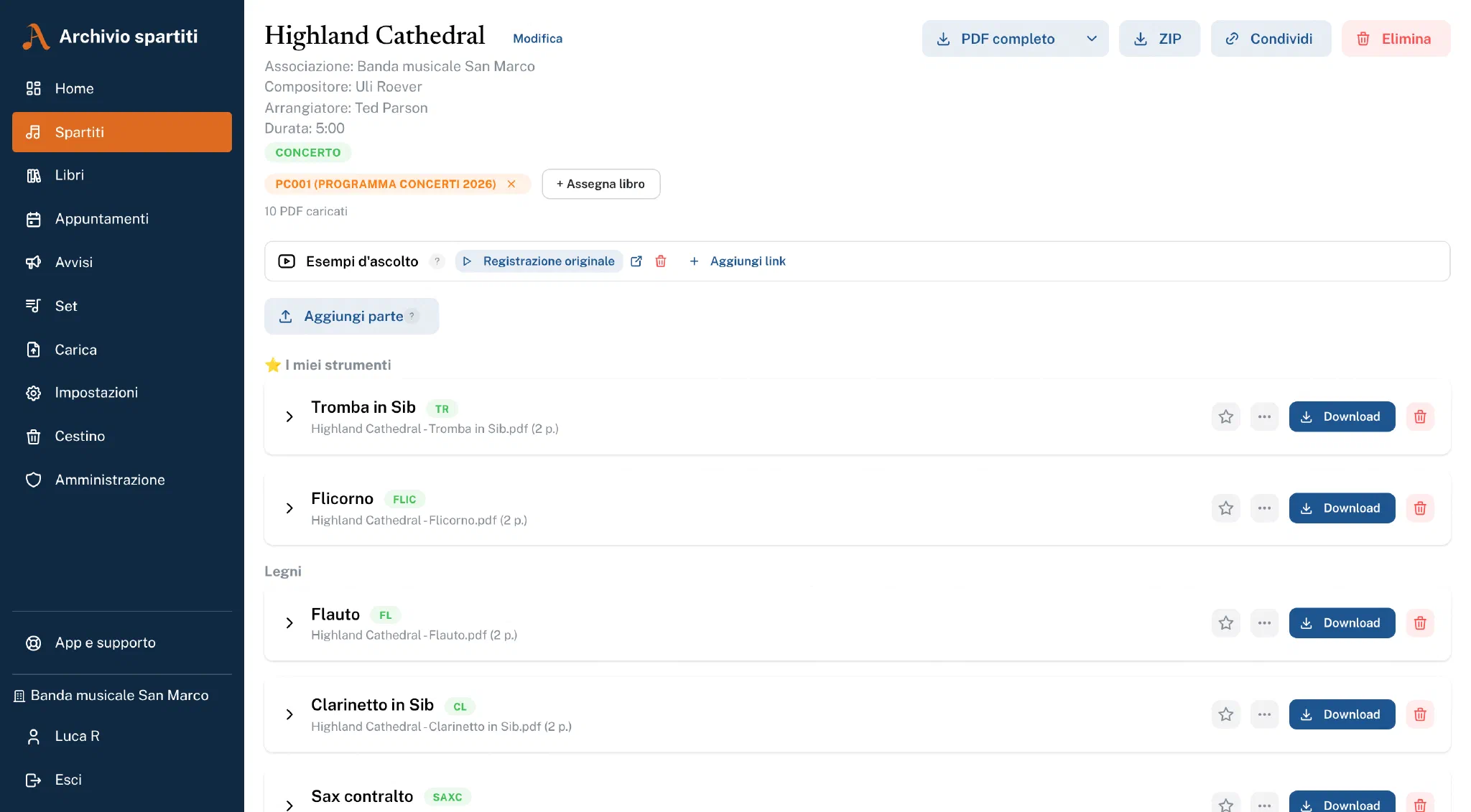 Dettaglio dello spartito con parti e download