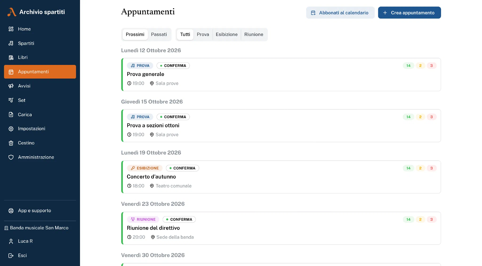 Elenco degli appuntamenti nel browser con tipo, propria conferma e contatori