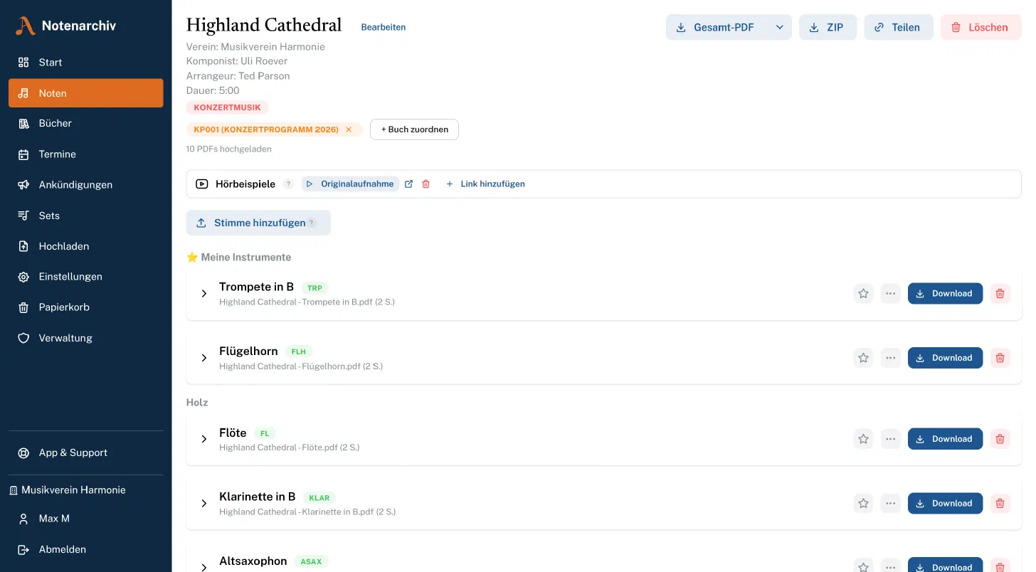 Notendetail mit Stimmen und Downloads