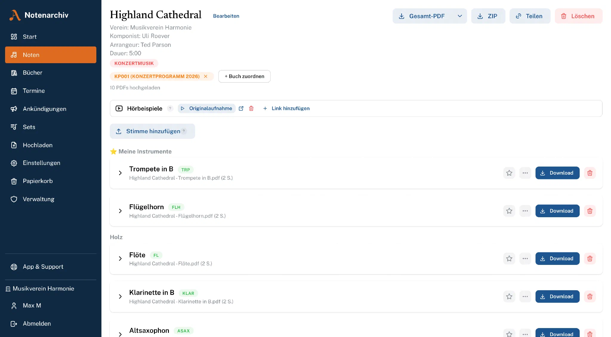 Notendetail mit Stimmen und Downloads