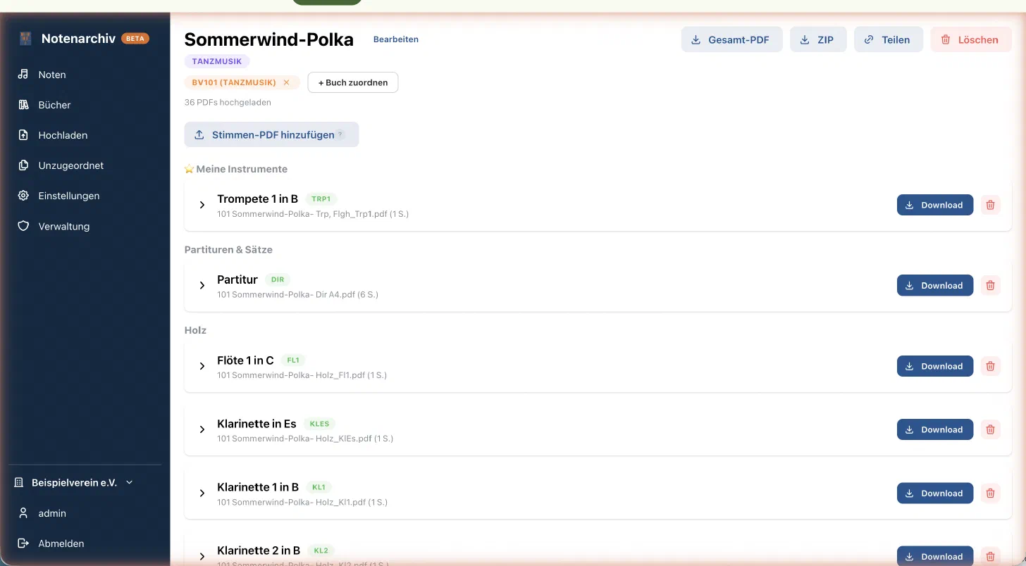 Notendetail mit Stimmen und Downloads