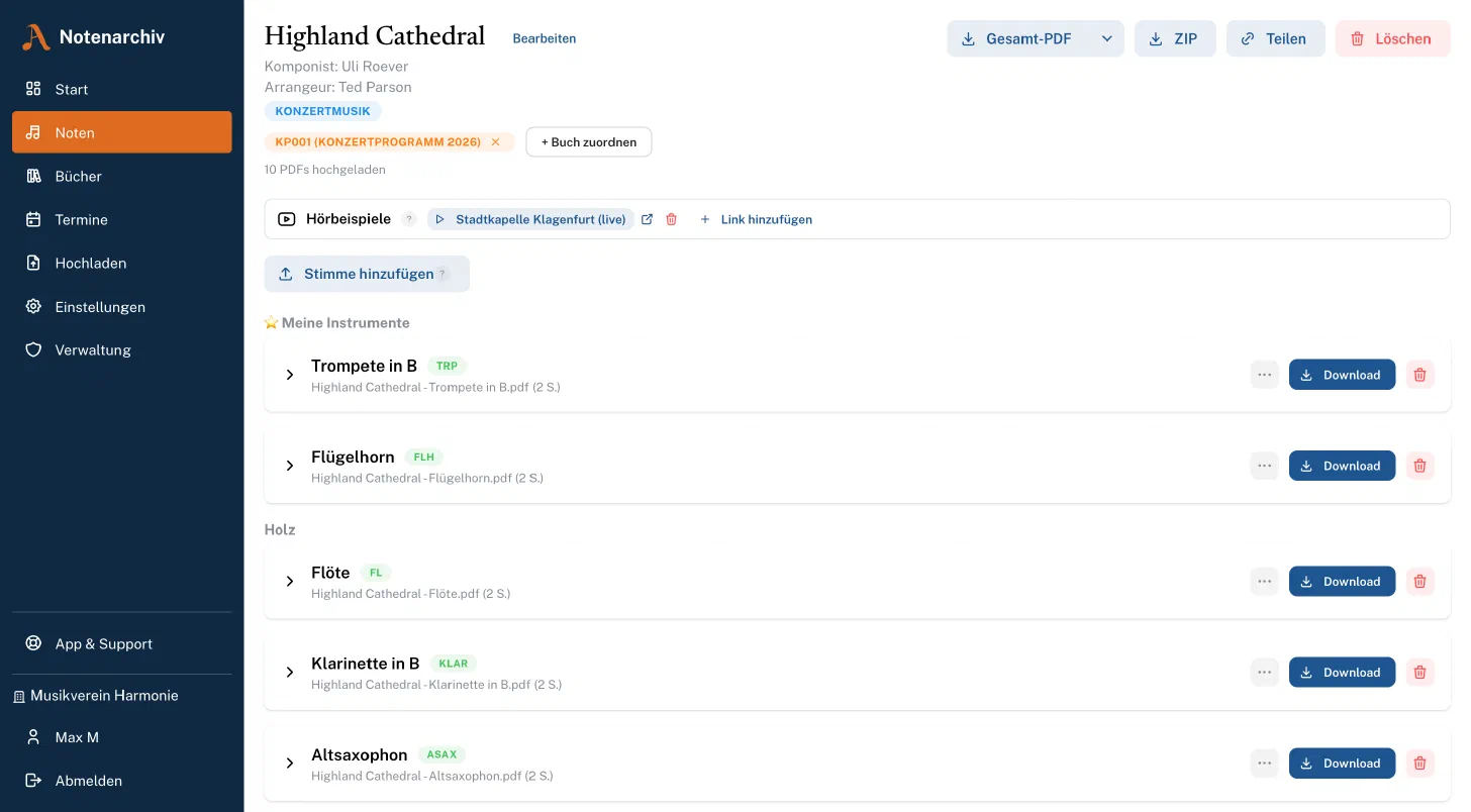 Notendetail mit Stimmen und Downloads