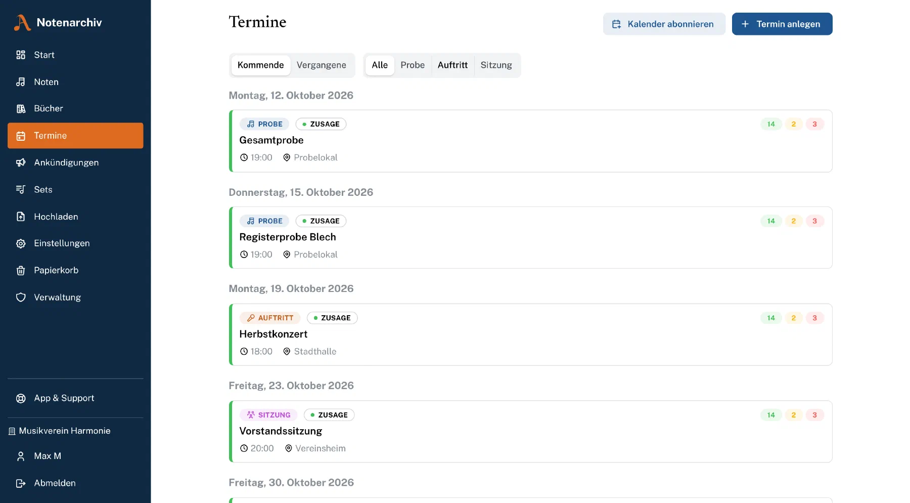 Terminliste im Browser mit Terminart, eigener Rückmeldung und Zählern für Zusagen, Absagen und Offene
